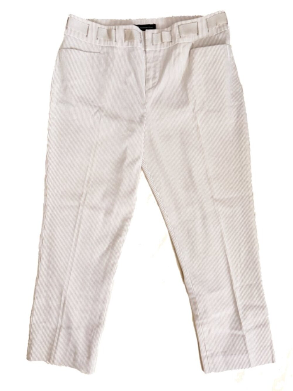 2/$29 INC ribbon waist cropped capri size 8 tan white pinstriped pants - Picture 3 of 12